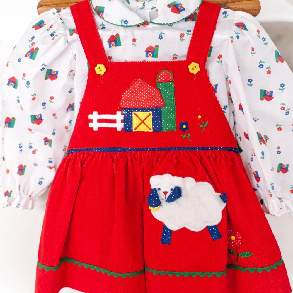 Girls Farm Appliqué Dress Set | Size 2T | Red Corduroy | Great Condition